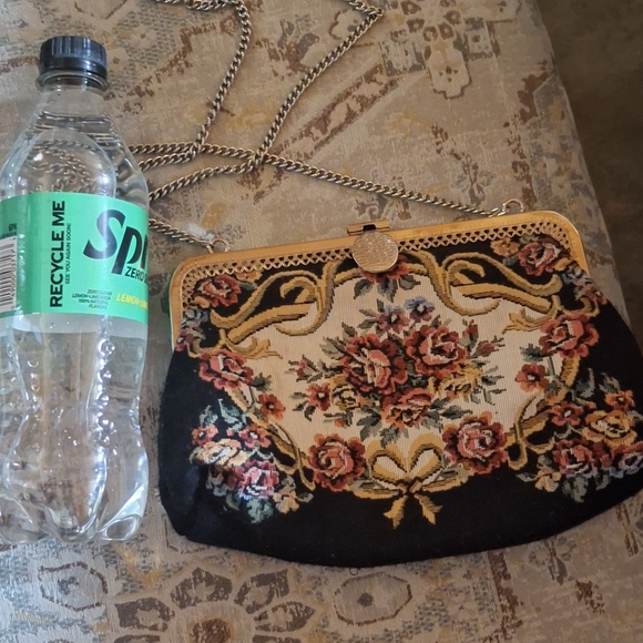 Black Floral Tapestry Evening Bag with Chain - Picture 2 of 4